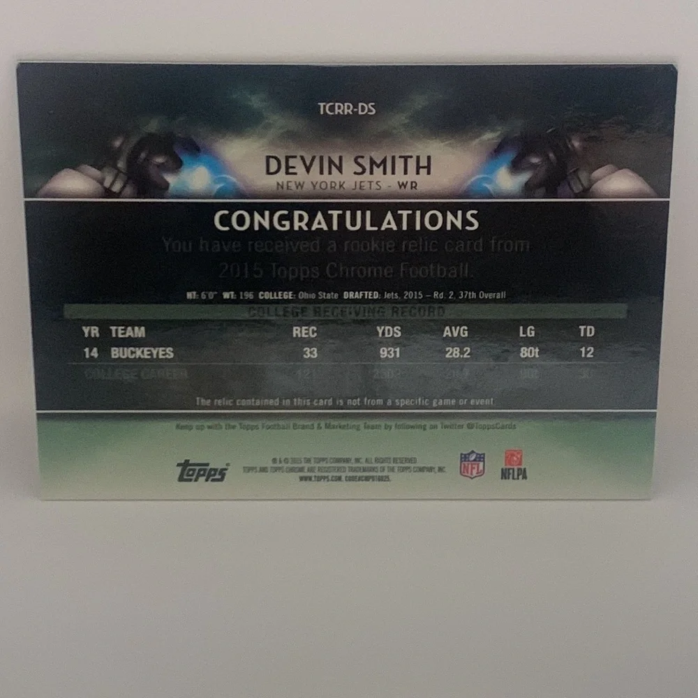 2015 Topps Chrome - Rookie Relics Devin Smith Jets #TCRR-DS (011)